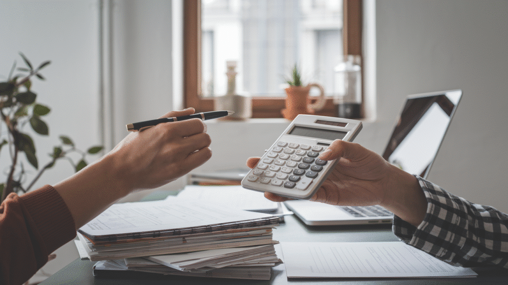 a person holding a calculator and a pen, with a stack of papers and a laptop in the background.