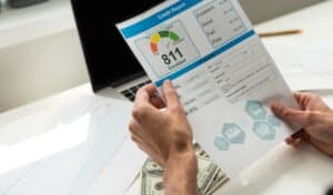 Credit report with score on a desk. High quality photo