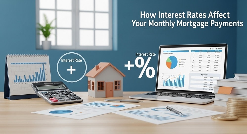 Desk with calculator, model house, charts, and a laptop displaying financial graphs, illustrating the effects of interest rates on mortgages and how they impact monthly payments.