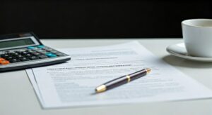  A pen rests on a printed document beside a calculator and a cup of coffee on a white desk.