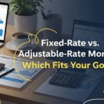 A workspace with laptops, charts, calculators, and coffee cups displays materials comparing fixed-rate and adjustable-rate mortgages.
