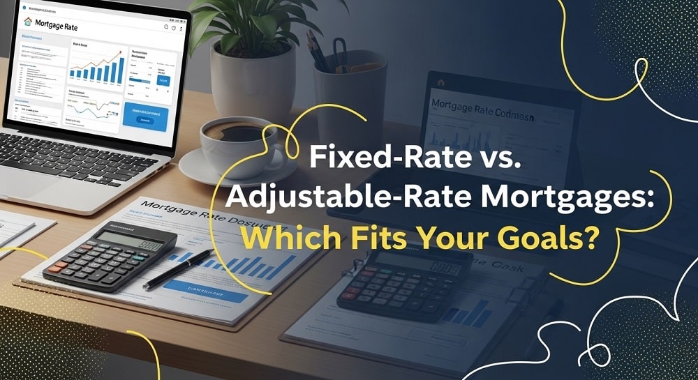 A workspace with laptops, charts, calculators, and coffee cups displays materials comparing fixed-rate and adjustable-rate mortgages.