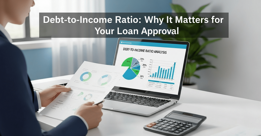Person reviews financial charts at a desk with a laptop displaying a debt-to-income ratio analysis, calculator, and documents; headline highlights loan approval importance.