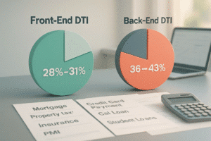 Two labeled pie charts compare Front-End DTI (28%-31%) and Back-End DTI (36%-43%) above financial documents and a calculator on a desk.