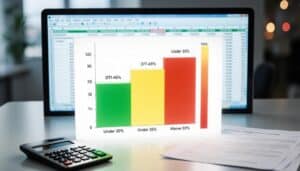  A graph with colored bars showing DTI percentages: green for under 30%, yellow for 37%-43%, orange for above 50%, and red for under 30%; a calculator and document are in front of a laptop.