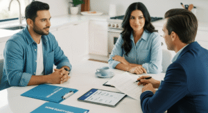 Couple sitting side by side at the table talking to a professional loan consultant.