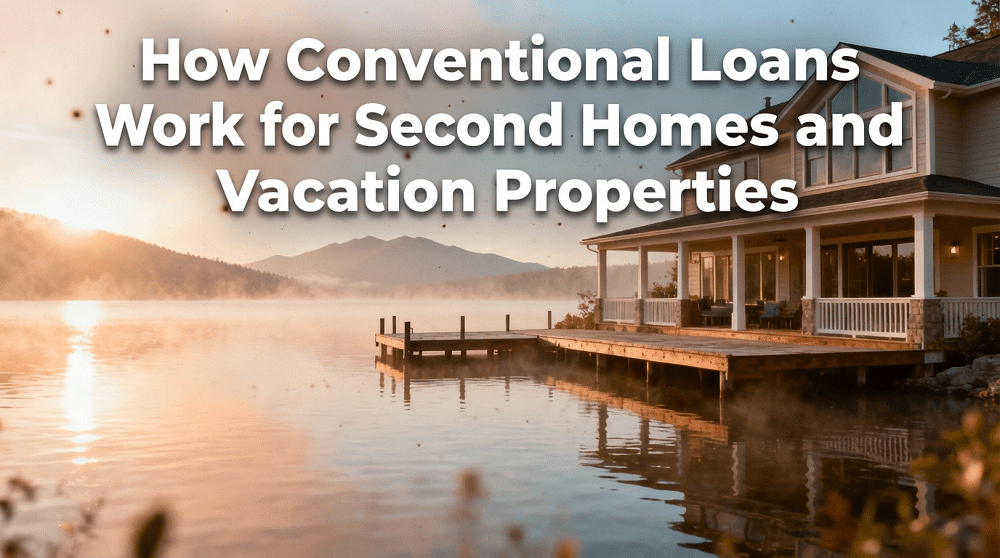 A lakeside house at sunrise with text overlay: "How Conventional Loans for Second Homes Work for Vacation Properties.