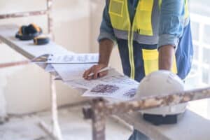 Licensed contractor reviewing construction plans for lender approval.