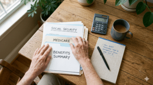 Person organizes folders labeled Social Security, Medicare, and Benefits Summary at a desk with a notepad, calculator, coffee, and potted plant.