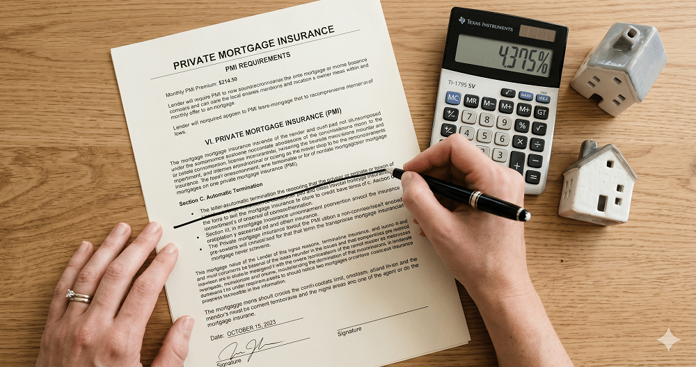 Person signing a private mortgage insurance document on a desk with a calculator, pen, and two small house models.