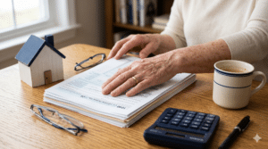 Person reviews tax documents at a desk with a cup of coffee, calculator, glasses, and a small model house nearby.