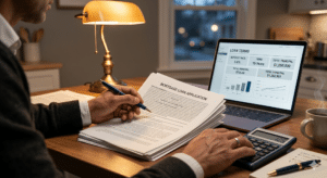Person reviewing mortgage loan application documents at a desk with a laptop displaying loan terms, a calculator, and a pen in hand, in a well-lit home setting.