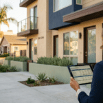 Person in business attire holding a tablet with data displayed, standing on a sidewalk outside a modern residential building with landscaping and palm trees.