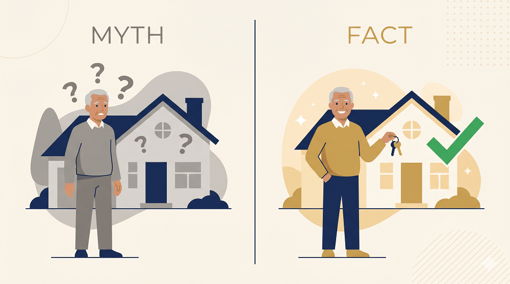 Split image: Left side shows a confused older man with question marks in front of a house labeled "Myth." Right side shows him smiling with house keys and a green check, labeled "Fact.