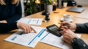 Two people sit at a table reviewing financial documents and charts, with one person using a calculator and the other pointing at a printed report.