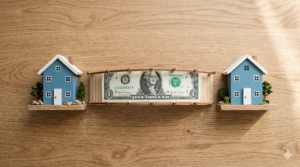A one dollar bill is placed on a wooden bridge connecting two model blue houses on a wooden surface.